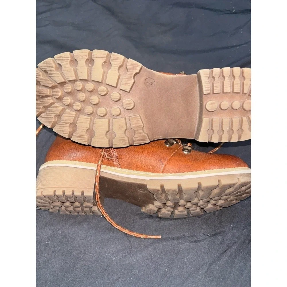 Petit Nord Teens's Brown Sherpa Lined Hiker Ankle Boots Lace Up Side Zip‎ Size 3